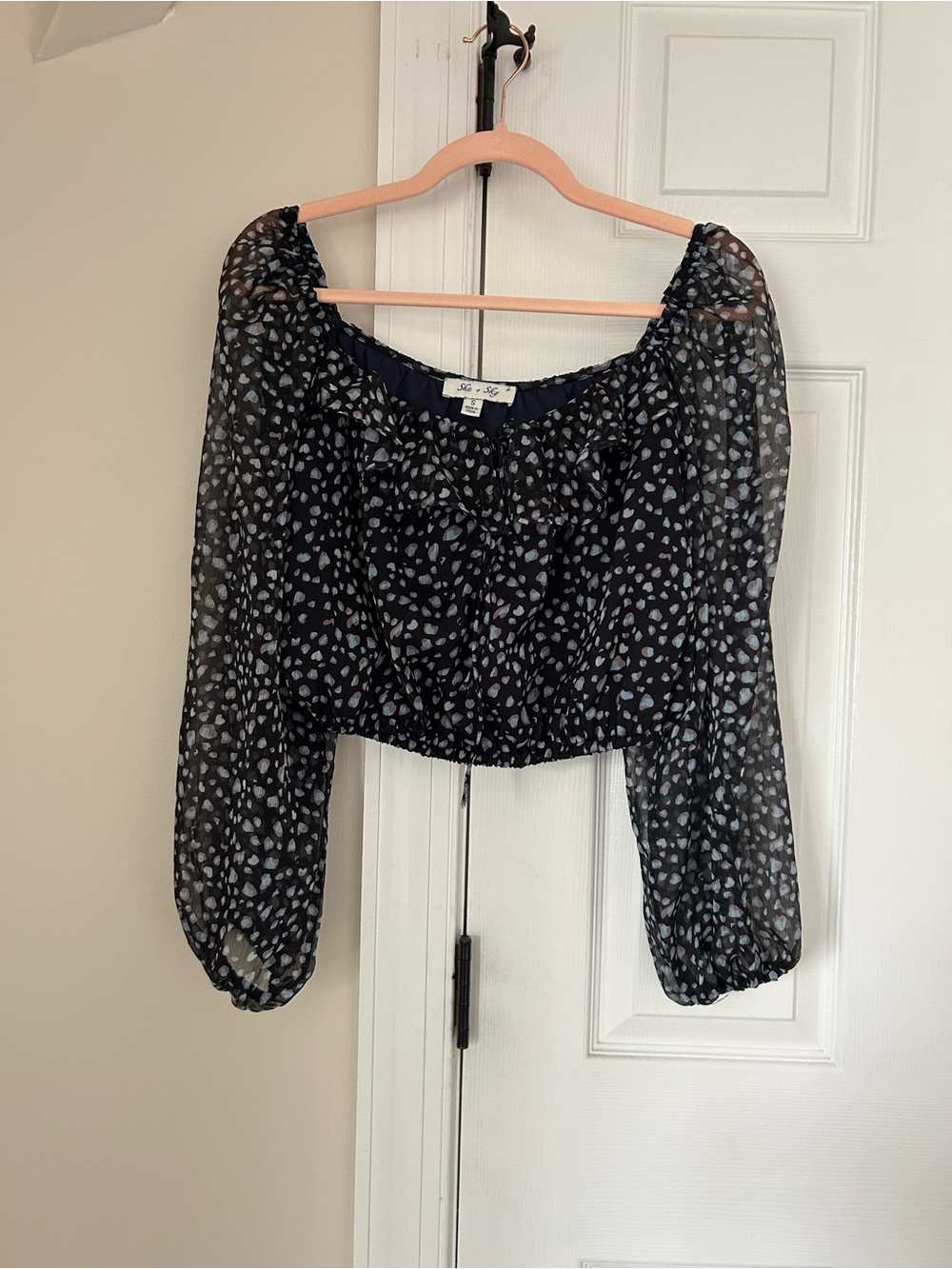 She + Sky Sheer Balloon Sleeve Crop Blouse S